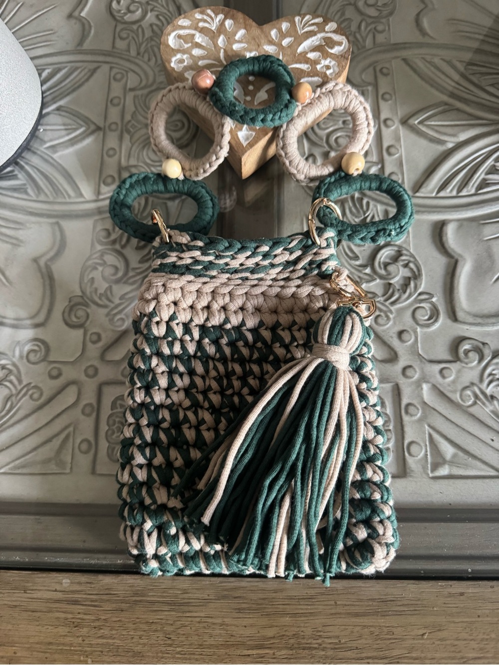 Bonita Bolso Handwoven Green and Cream Crochet Bag with Tassel by Yvonne